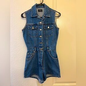 Boutique Europa - Vintage High (32) Waist Button
Down Blue Jean Romper | Denim
